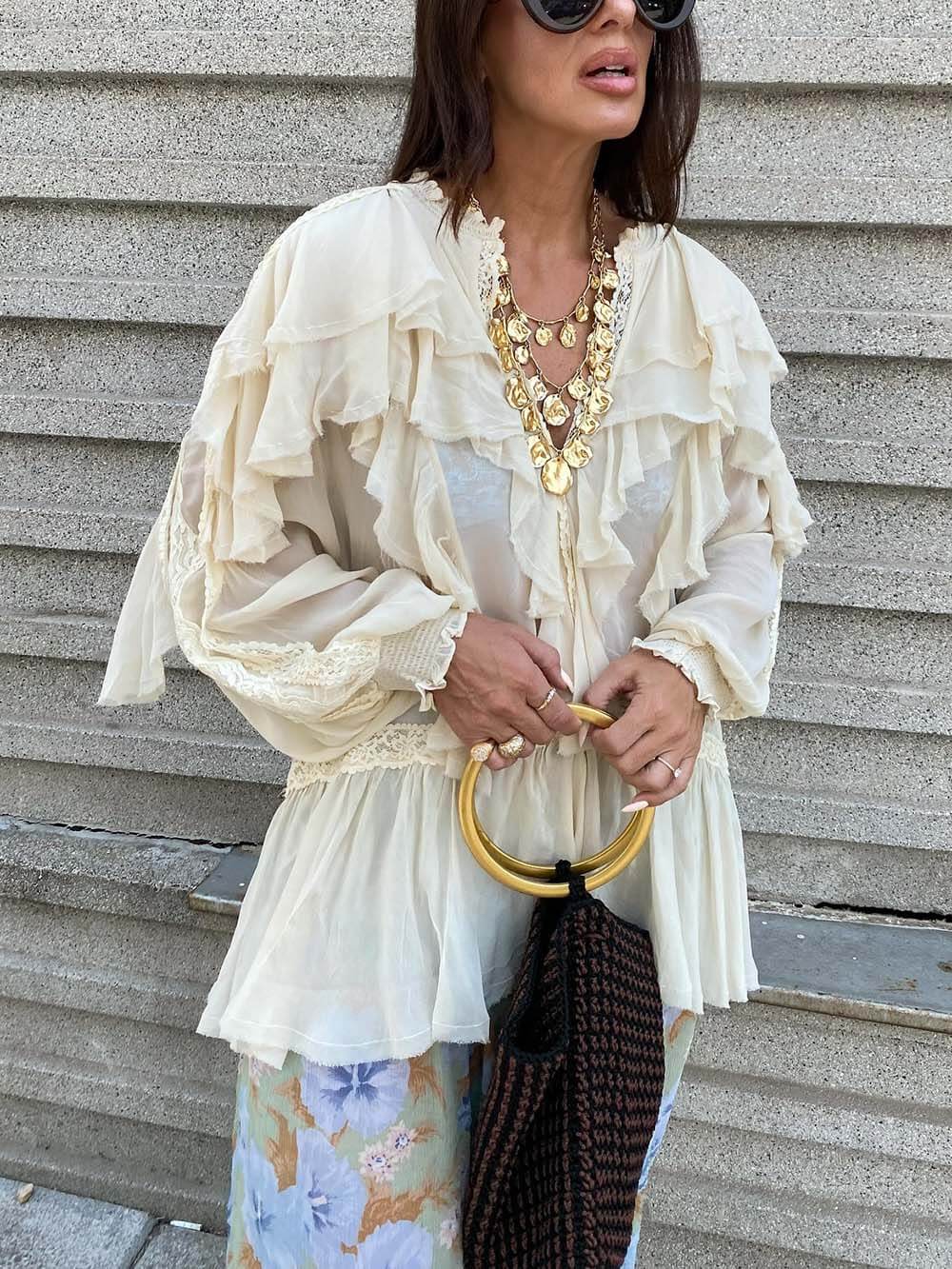 Pantalon boho en mousseline de soie à imprimé floral, taille élastique, ourlet noué