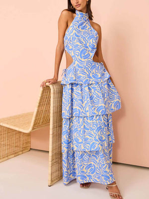Delicate Blue Swirl Print Halter Neck Backless Maxi Dress