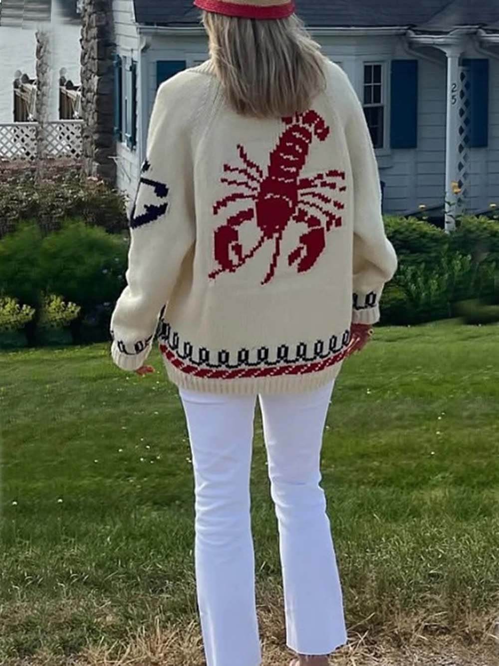 Cardigan en tricot décontracté à manches longues et imprimé homard unique et tendance