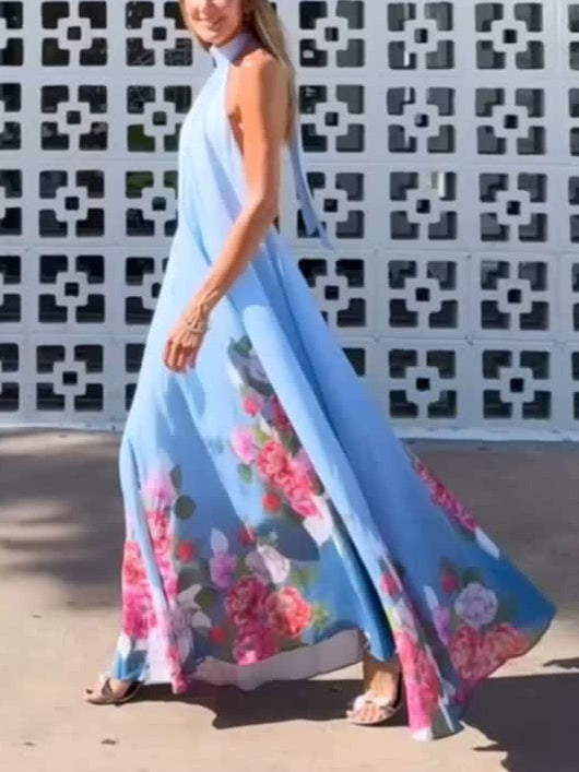 Elegant Halterneck Romantic Floral Print A-line Maxi Dress