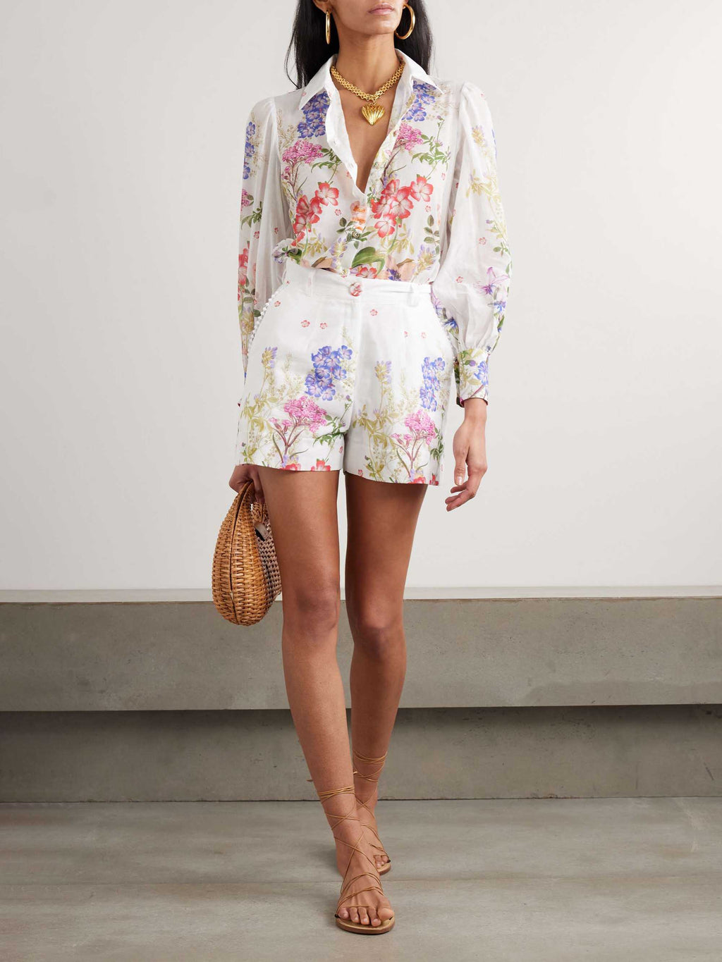 Ensemble deux pièces chemise à manches longues à imprimé floral