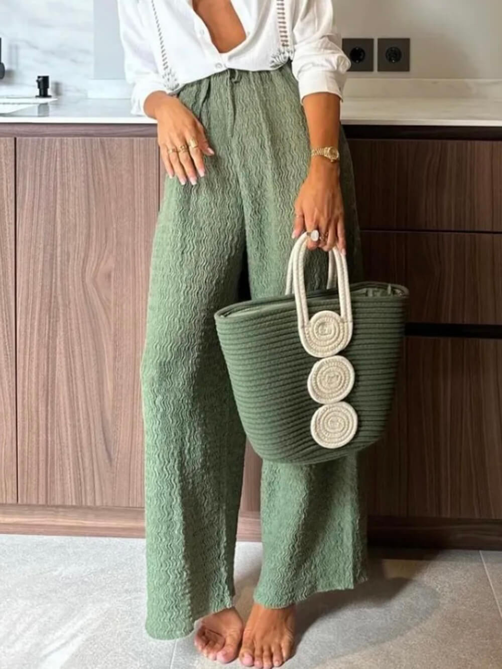 Sommerliche Hose im tropischen Stil mit einzigartiger, plissierter, elastischer Taille und geradem Bein