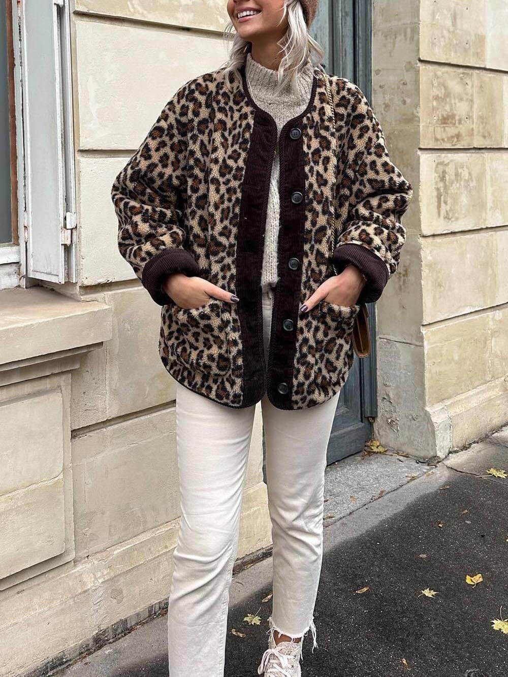 Lässige, lockere Langarmjacke mit Leopardenmuster