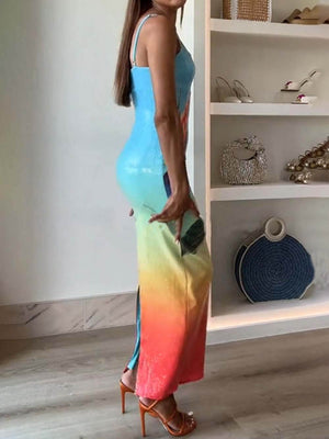 Pailletten-Maxikleid mit einzigartigem Blumenmuster und Farbverlauf, Schlitz und Stretch