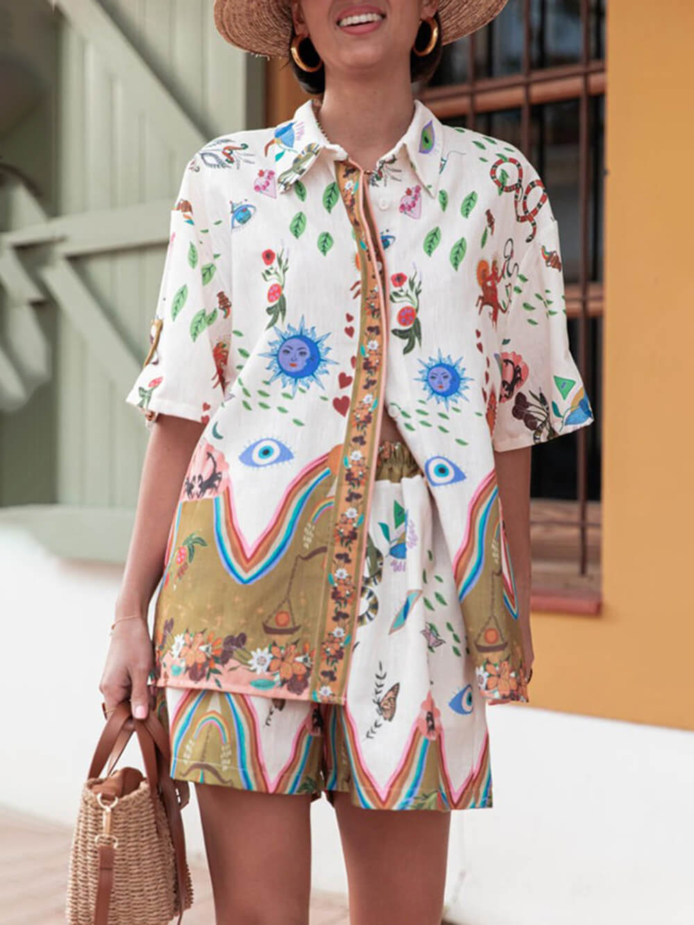 Ensemble chemise ample à boutons et imprimé unique, short à taille élastique et poches
