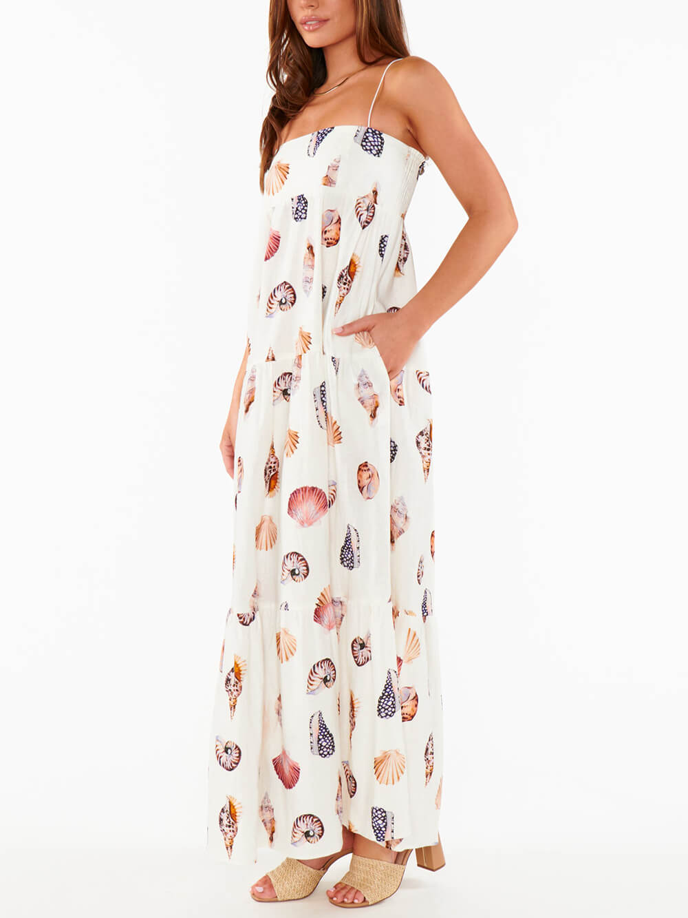Robe longue légère à imprimé coquillage et poches plissées