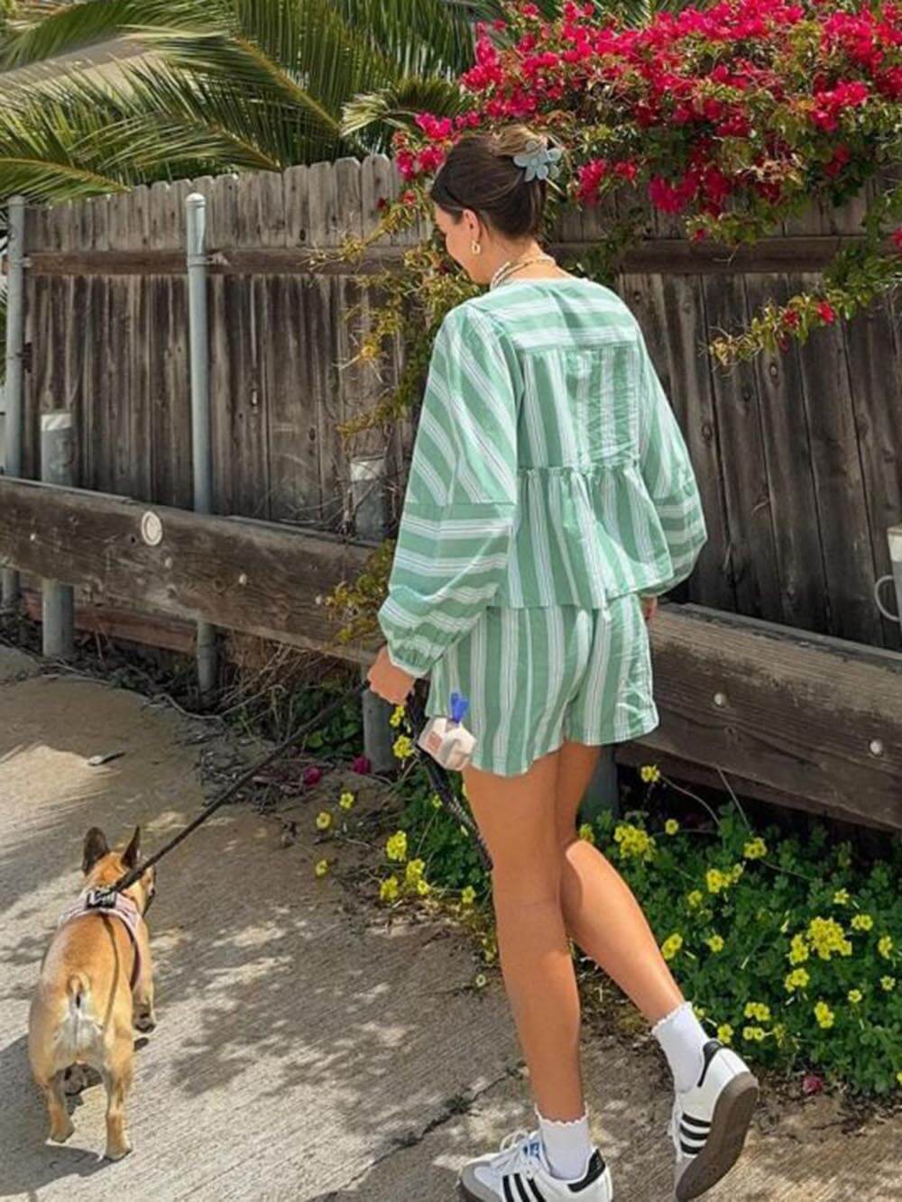 Lockeres Patchwork-Set mit gestreiftem bedrucktem Hemd und Shorts
