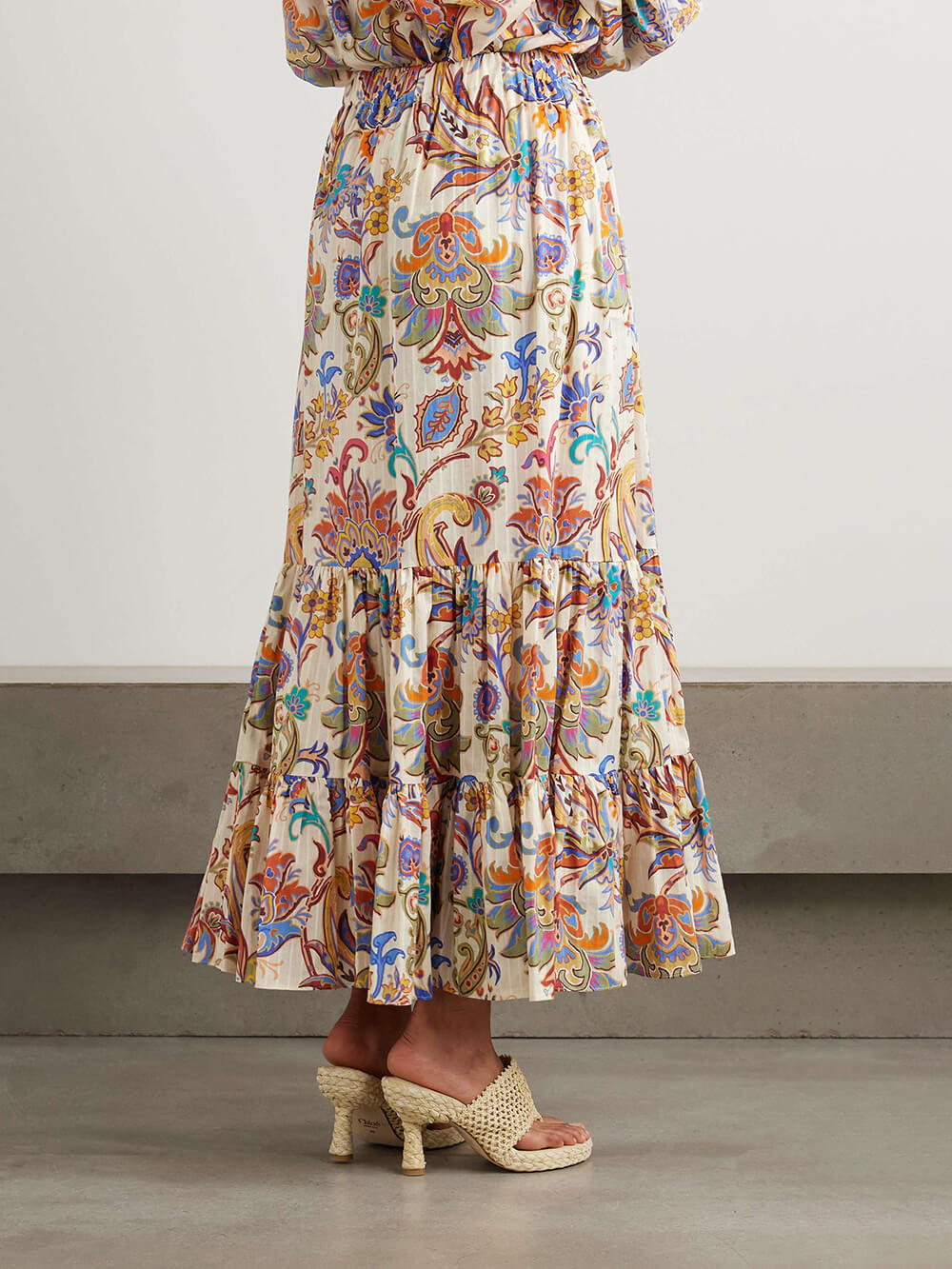 Einzigartiger mehrlagiger Midirock im Boho-Chic-Stil mit Paisley-Print