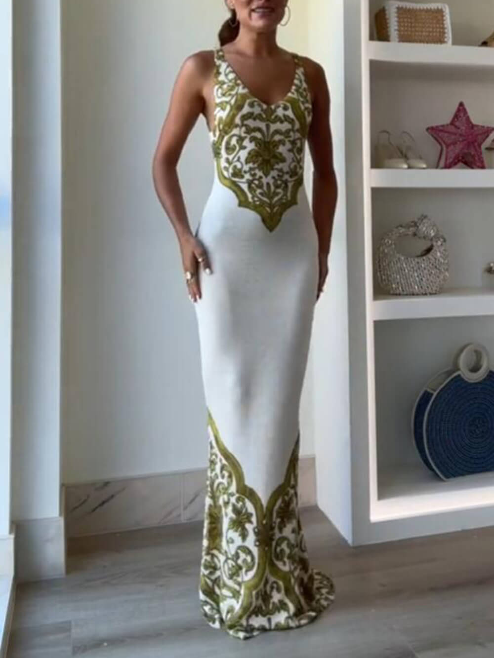 Robe longue extensible à imprimé symétrique et queue de poisson, élégance extraordinaire