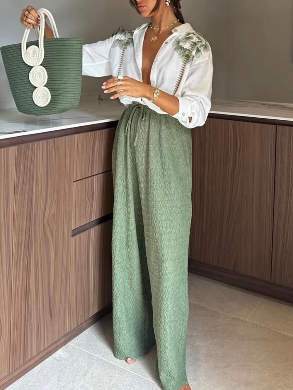 Sommerliche Hose im tropischen Stil mit einzigartiger, plissierter, elastischer Taille und geradem Bein