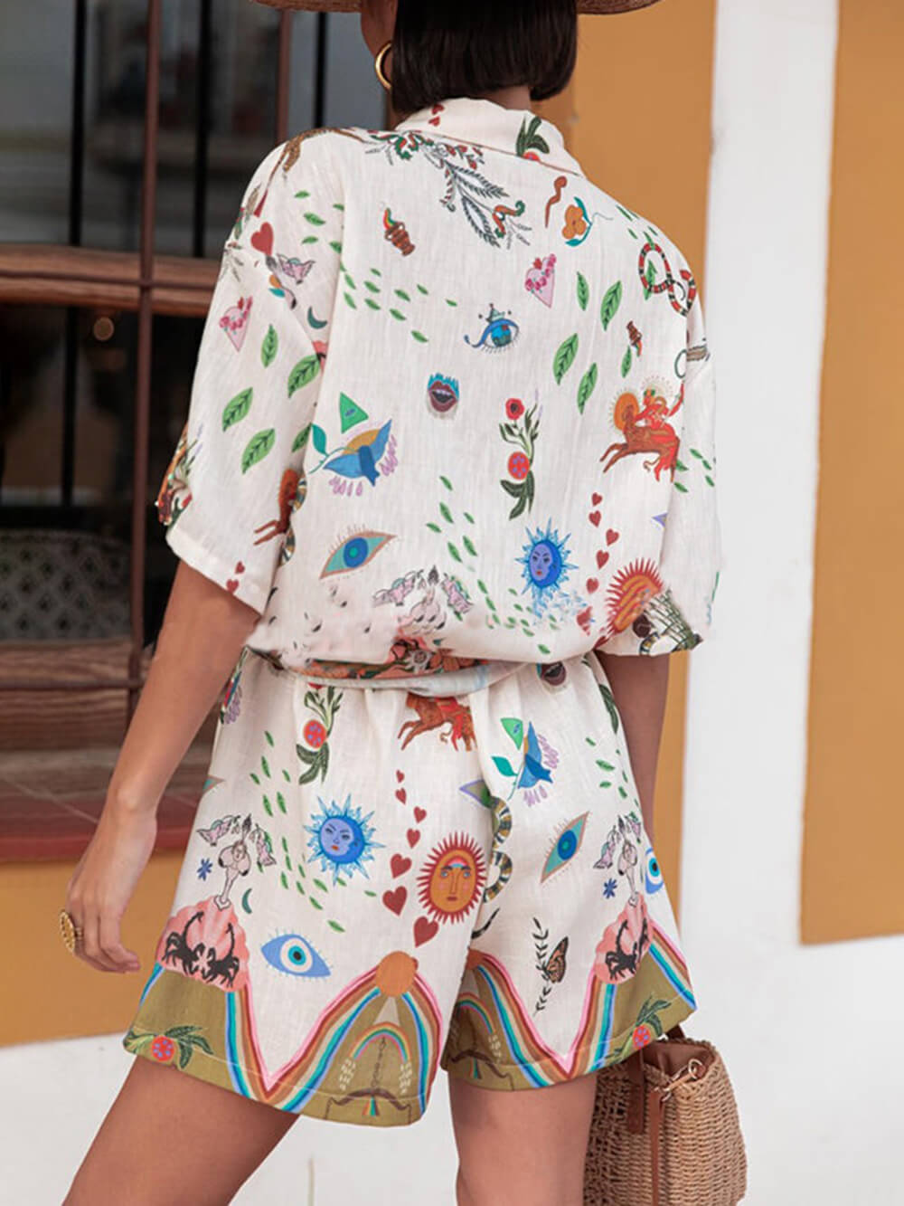 Ensemble chemise ample à boutons et imprimé unique, short à taille élastique et poches