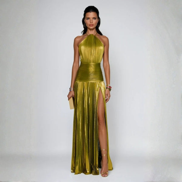 The Peridot Evening Draped Halter Maxi Dress