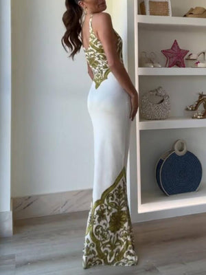 Außergewöhnliche Eleganz, symmetrisches, einzigartiges Print-Maxikleid mit Fischschwanz