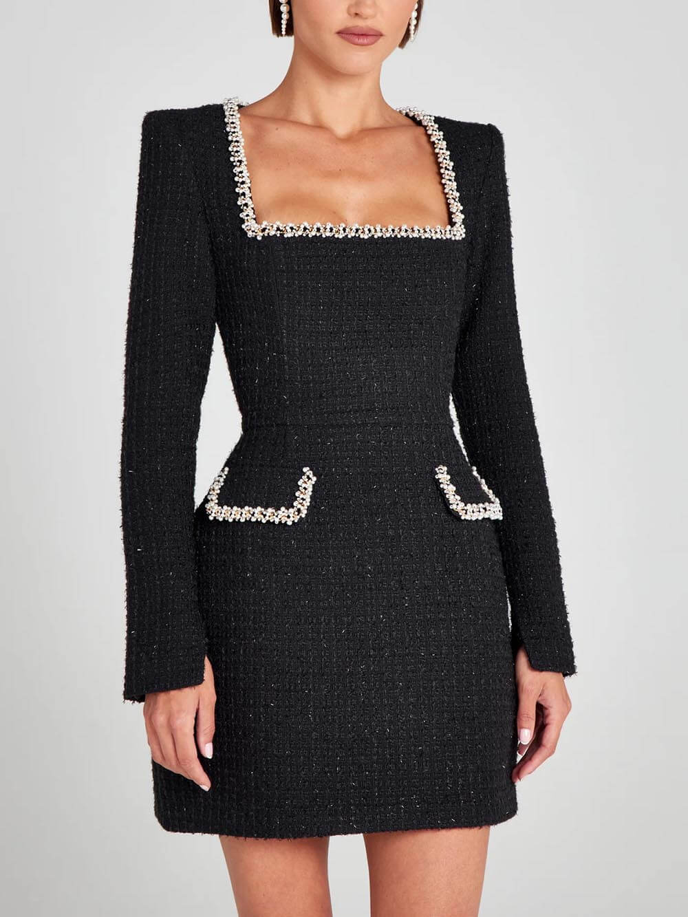 Exquisites Minikleid mit Perlenbesatz, Schlitzärmeln und Tasche für Mädchen