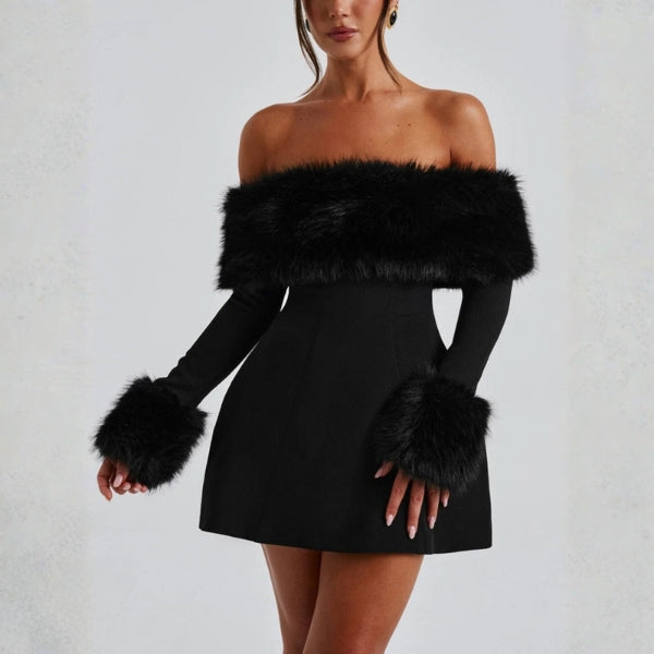 The Valentina Structured Off-Shoulder Faux Fur Mini Dress