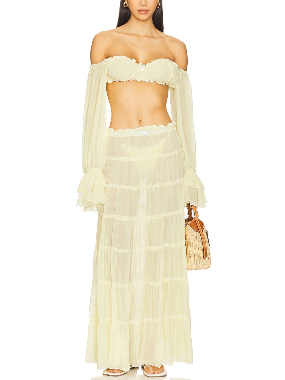 Long Sleeve Tube Top And Ruffle Skirt Suit-Top