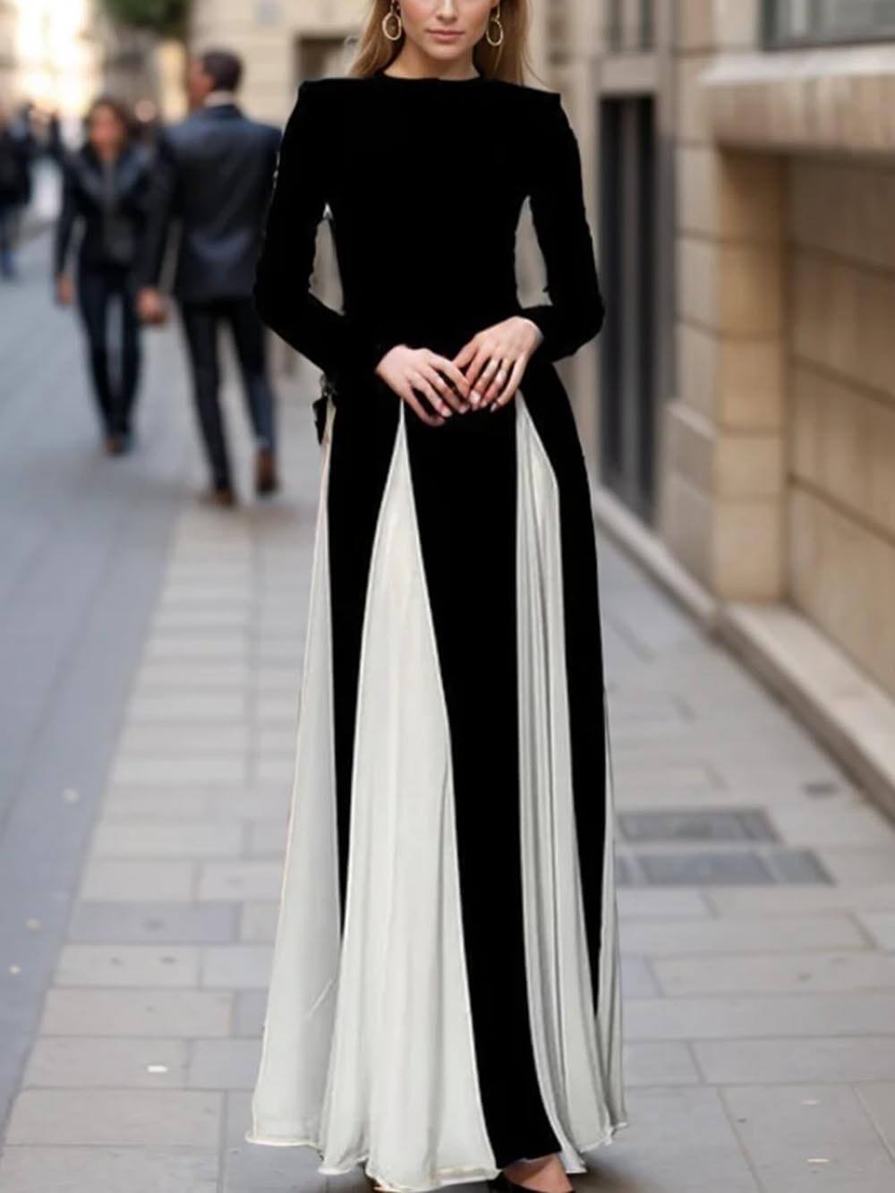 Robe longue trapèze élégante et glamour à empiècements en tulle et manches longues