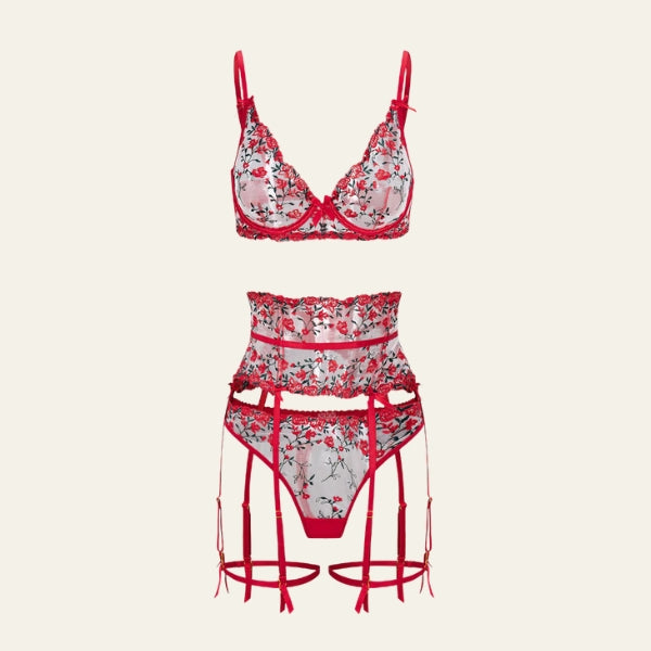 The Valentine Floral-Embroidery Lingerie Set