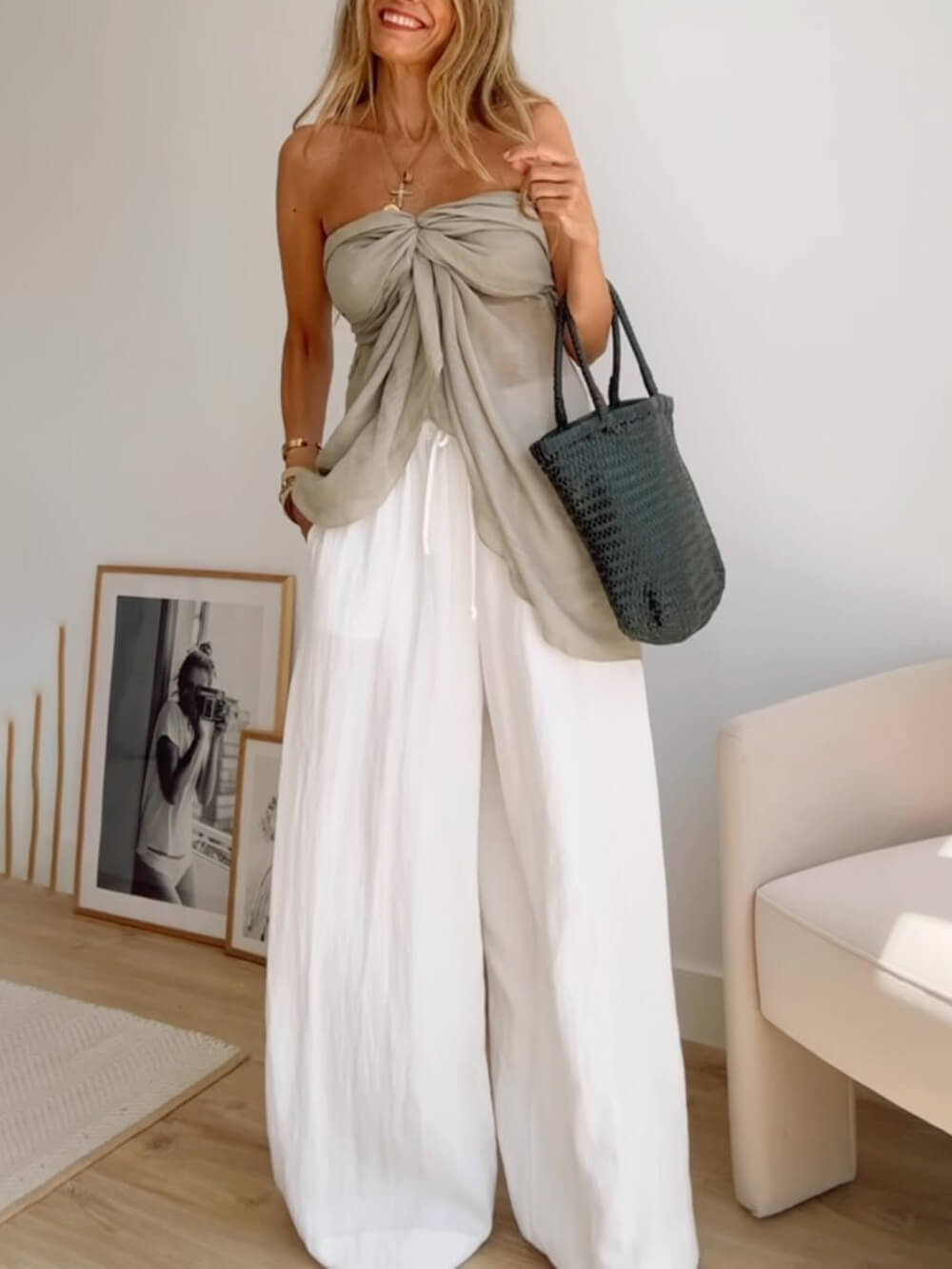 Pantalon large style bohème à taille élastique et cordon de serrage