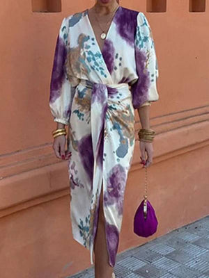 Unique Print V-Neck Shirt And Skirt Suit