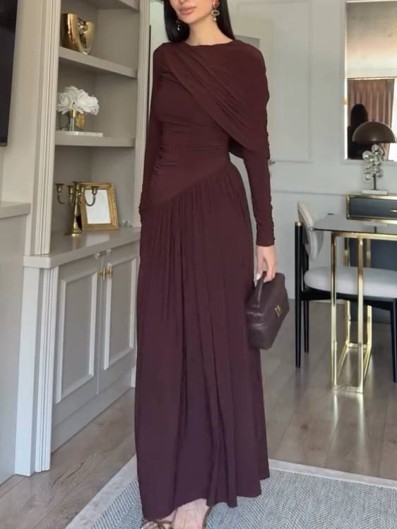 Irregular Shawl Pleated Maxi Dress
