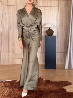 V-Neck Pleated Long Sleeve Maxi Dress