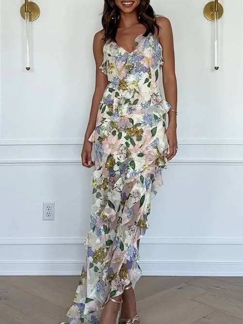 Robe à volants imprimée à bretelles