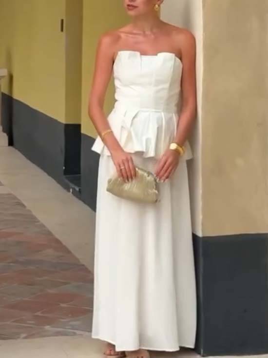 Minimalist Pleated Tube Top And Skirt Set-Top