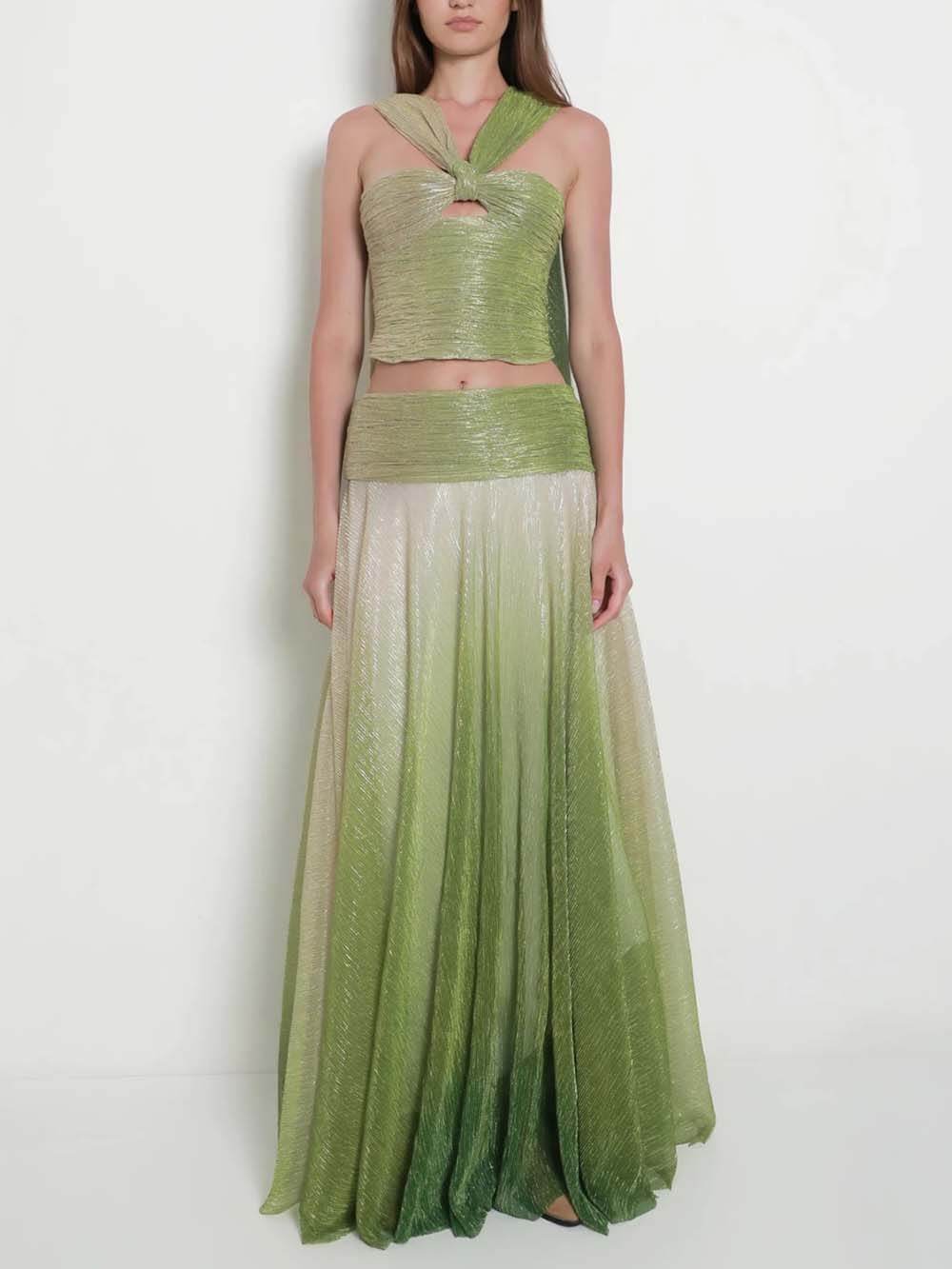 Elegantes Set aus One-Shoulder-Cutout-Top mit Ombre-Print und hoch tailliertem A-Linien-Rock