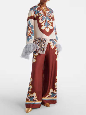 Unique Printed Feather Shirt And Wide Leg Pants Suit-Shirt