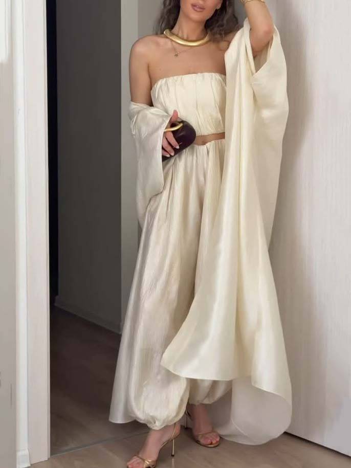 Minimalist Tube Top Wide Leg Pants And Long Shirt Suit-Tube Top And Pants
