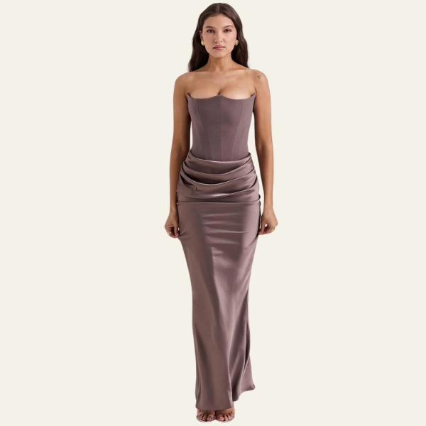 The Vienna Satin Draped Evening Maxi Strapless Dress