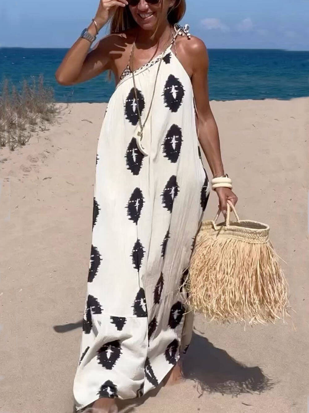 Sunshine – Lockeres Maxikleid mit One-Shoulder-Träger und Ethno-Print