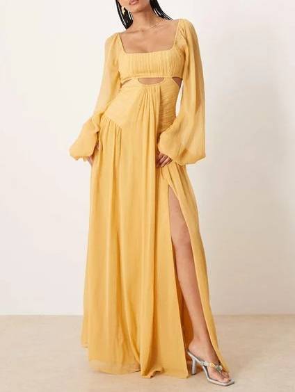 Vintage Maxikleid mit quadratischem Kragen und Hohldesign und langen Ärmeln
