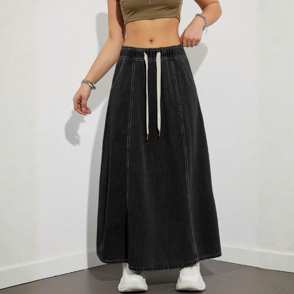 The Shoreline Drawstring Denim Maxi Skirt