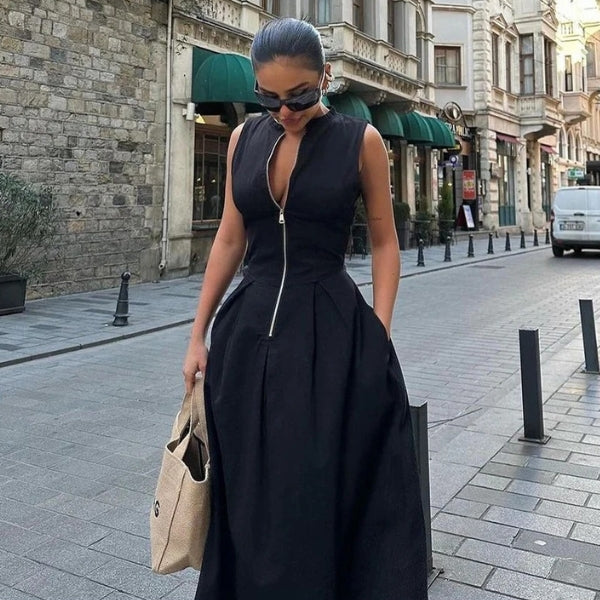 The Santorini Zip-Front Pleated Dress