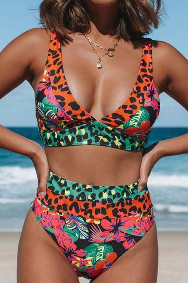 Leopard Floral Pattern Bikini Multicolor
