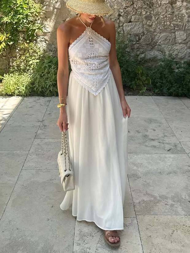 Halter Neck Backless Lace Top And Skirt Set-Top