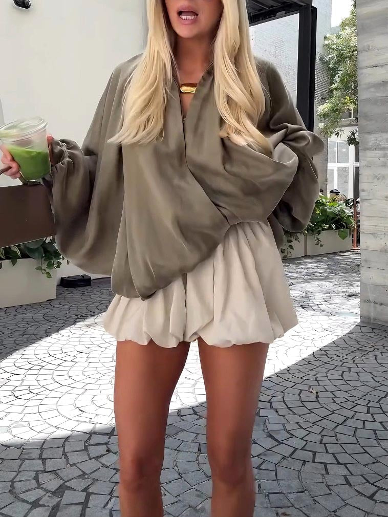 Elegant High-waisted Cream Pleated Bloomer Shorts