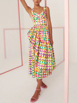 Rainbow Color Check Print Suspender Dress