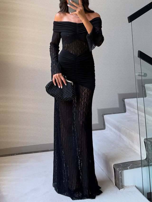 Elegantes schulterfreies Maxikleid aus Spitze mit Plissee