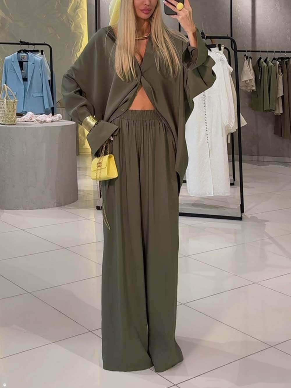 Pantalon classique à taille haute et poches plissées à jambes larges