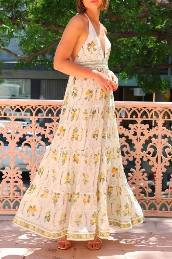 Lemon Print Halter Open Back Tiered Maxi Vacation Dress