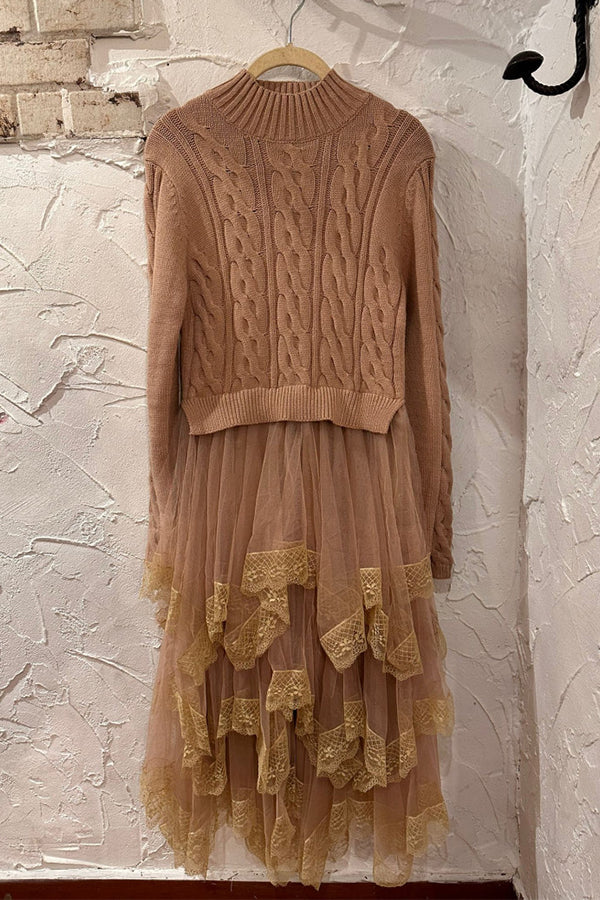 Irregular mesh skirt with fungus hem Brown one size