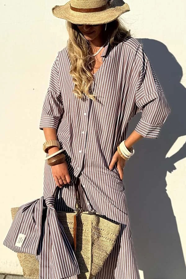 Robe chemise mi-longue boutonnée à rayures et manches mi-longues avec ceinture et poche