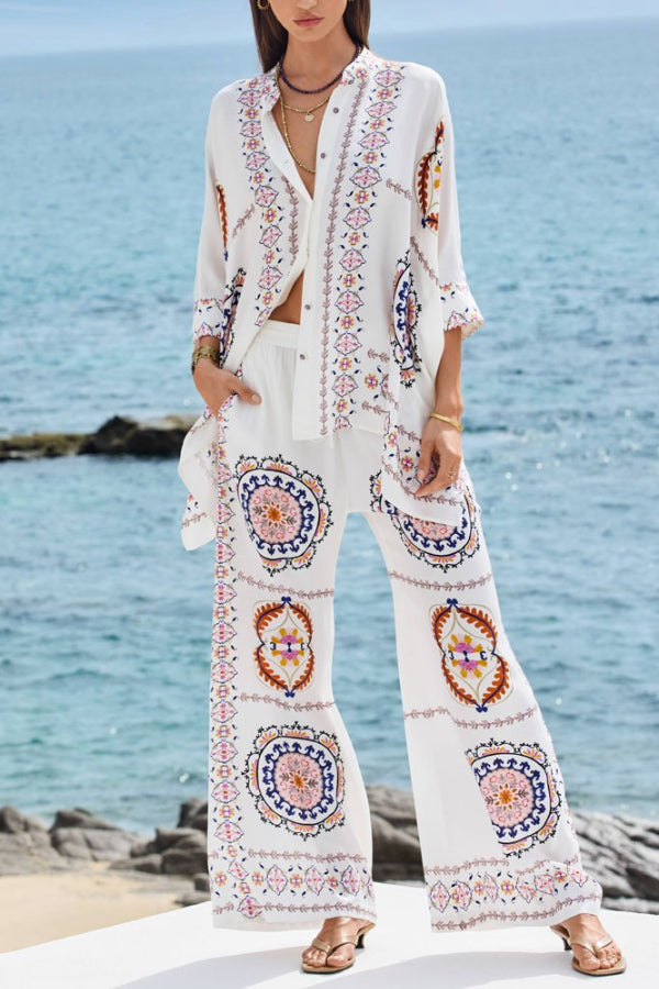 Fashion Positioning Print Shirt & Pants Two-piece Set White