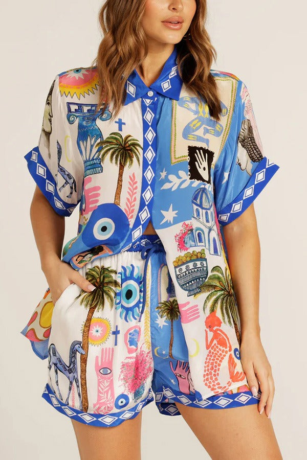 Unique Printed Short-sleeved Casual Loose Shirt and Elastic Waist Drawstring Pocket Shorts Set Blue