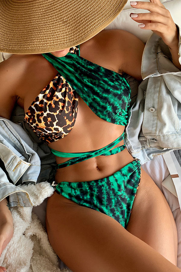 Libby Two Way Leopard Cross Tie Waist Bikini Swimsuit Green