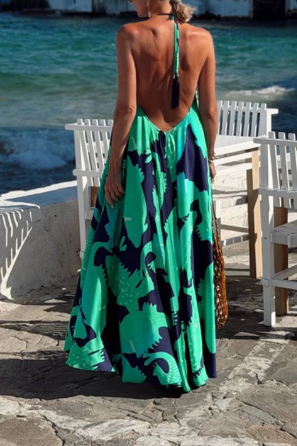 Navy Green Crocodile Print Halter Open Back Vacation Maxi Dress