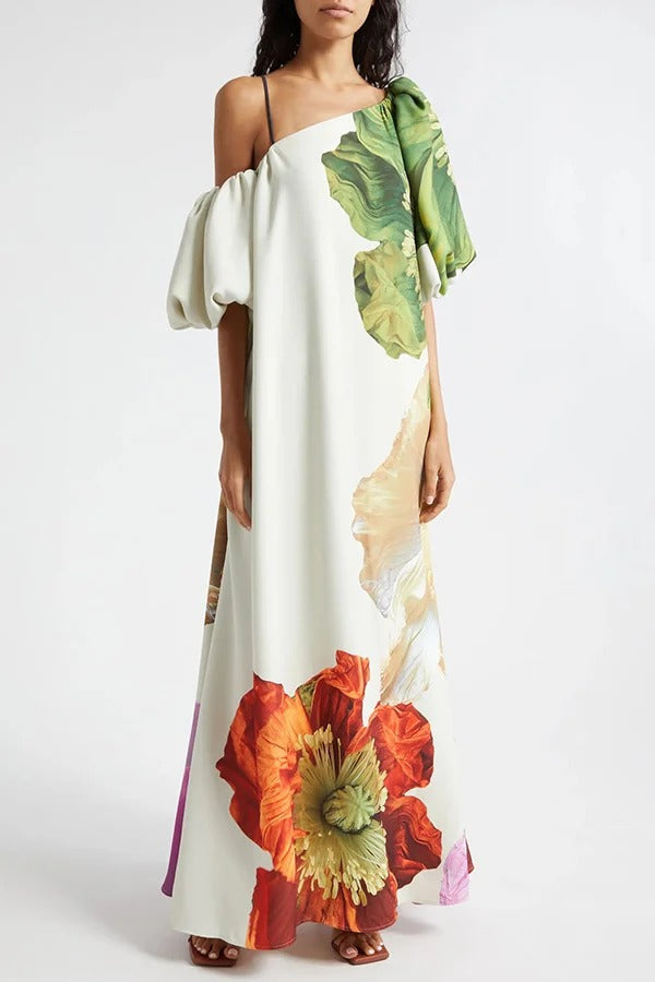 Floral Print Slant Collar Puff Sleeves Loose Holiday Maxi Dress